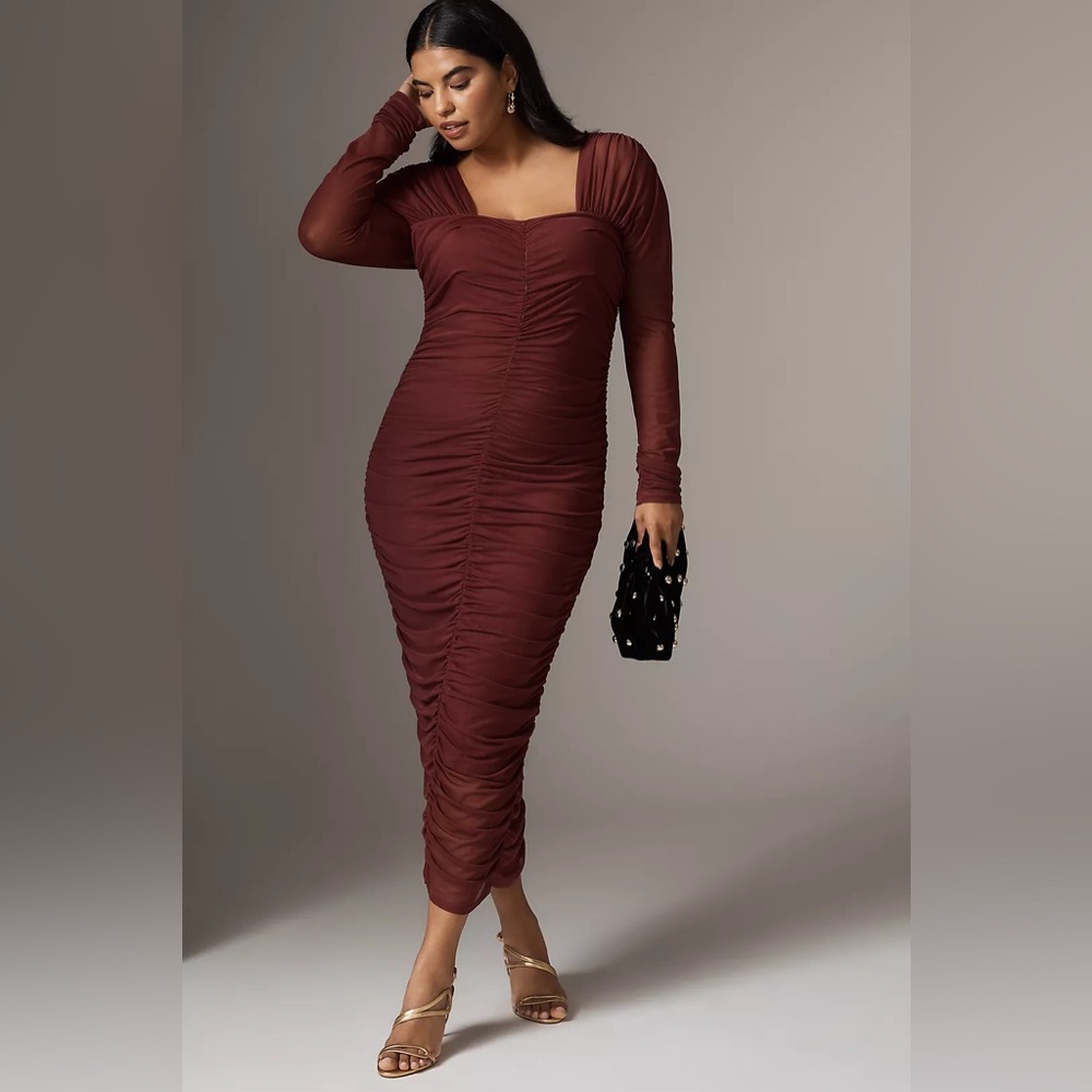 NWT By Anthropologie Women’s 1X Plus Long-Sleeve Ruched Slim Midi Dress